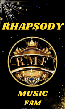 a logo for rhapsody music fam with a crown and stars