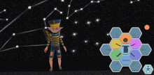 a cartoon character in a striped shirt stands in front of a starry sky and a constellation