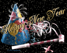 a happy new year greeting card with a party hat and ribbons