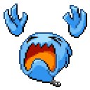 a pixel art drawing of a cartoon character with a sad face and two hands .