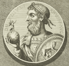 a black and white drawing of a man holding a globe and a shield with the letters dn evli written on it