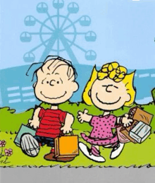 a ferris wheel is in the background of a cartoon of a boy and girl