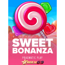 a poster for sweet bonanza shows a lollipop and hearts