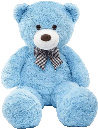 a blue teddy bear with a checkered bow tie