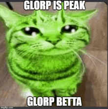 a green cat is making a funny face with the words glorp is peak glorp betta written on it .