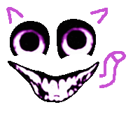 a drawing of a smiling face with purple eyes and a cat ear