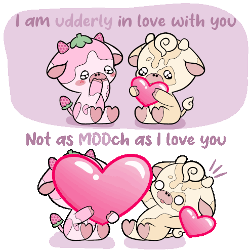 a cartoon of two cows holding hearts with the words " i am udderly in love with you " above them