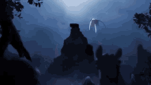 a monster is flying over a mountain in the dark