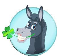 a cartoon donkey holding a green clover in its mouth