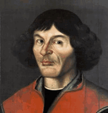 a painting of a man with curly hair and a red jacket .