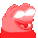 a pixel art of a red frog with glowing eyes and mouth .