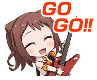 a sticker of a girl holding a guitar and the words go go !