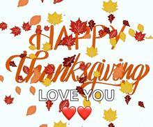 a happy thanksgiving greeting with leaves and the words " love you "