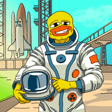 a cartoon drawing of a yellow duck in a space suit