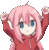 a pixel art illustration of a girl with pink hair and blue eyes .