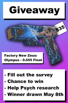 an advertisement for a giveaway for a factory new zeus