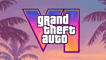 a logo for grand theft auto with palm trees behind it