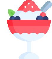 a bowl of ice cream with strawberries and blueberries and a spoon in it