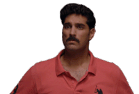 a man with a mustache is wearing a red shirt