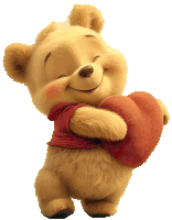 a winnie the pooh bear holding a red heart with its eyes closed