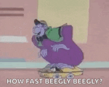 a cartoon of a monkey riding a car with the words `` how fast bee gly bee gly '' written on it .