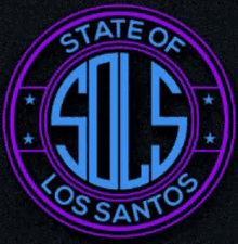 the state of los santos logo is blue and purple on a black background