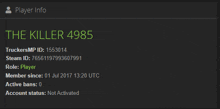 player info for the killer 4985 is shown on a black screen