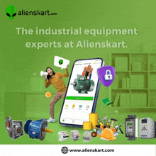 an advertisement for alienskart.com shows a man holding a megaphone