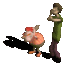 a pixel art of a man standing next to a cartoon character holding a pumpkin .