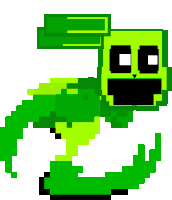 a pixel art drawing of a green frog with a black face and a long tail .