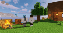 two minecraft characters are standing in front of a house and a tree