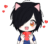 a drawing of a girl with cat ears holding a heart with hearts surrounding her