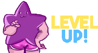 a cartoon of a purple star with the words level up in the background