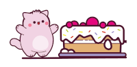 a pink cat is standing next to a piece of cake with sprinkles