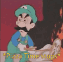 a cartoon of a man with a mustache and a hat holding a pizza with the words `` pizza time stops '' .