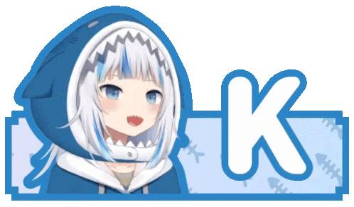 a picture of a girl with a shark head and the letter k below her