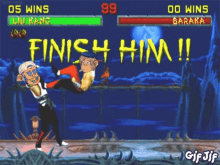 a video game screen shows a man kicking a monkey and says finish him