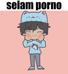 a cartoon of a boy wearing a cat hat and a unicorn sweater with the words " selam porno " above him