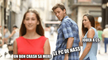 a man in a plaid shirt is looking at a woman in a red dress with the words un bon crash sa mere on the bottom