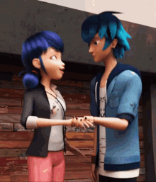 a boy and a girl are standing next to each other and holding hands