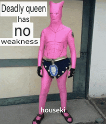 a person in a pink costume with the words deadly queen has no weakness