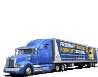 a blue semi truck with the words freeway truck & forklift school on the side