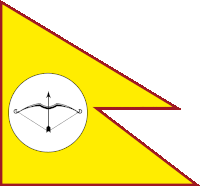 a yellow triangle with a white circle with a bow and arrow inside