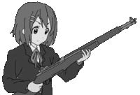 a black and white drawing of a girl in a suit holding a gun .