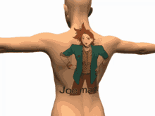 a man has a tattoo of a girl on his back that says joe mama