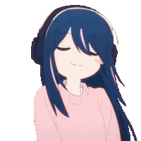 a girl with blue hair wearing headphones and a pink sweater