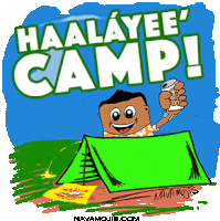 a cartoon drawing of a boy in a tent with the words haalayae camp written above him