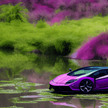 a purple car is parked in a pond surrounded by greenery