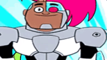 a cartoon character with pink hair and a robot suit