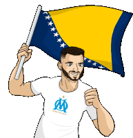 a cartoon of a man holding a yellow and blue flag that says droit au but